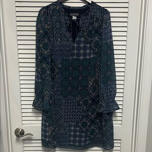 Jessica Howard Patchwork Look Flowy Dress with Sheer Sleeves in Navy and Teal